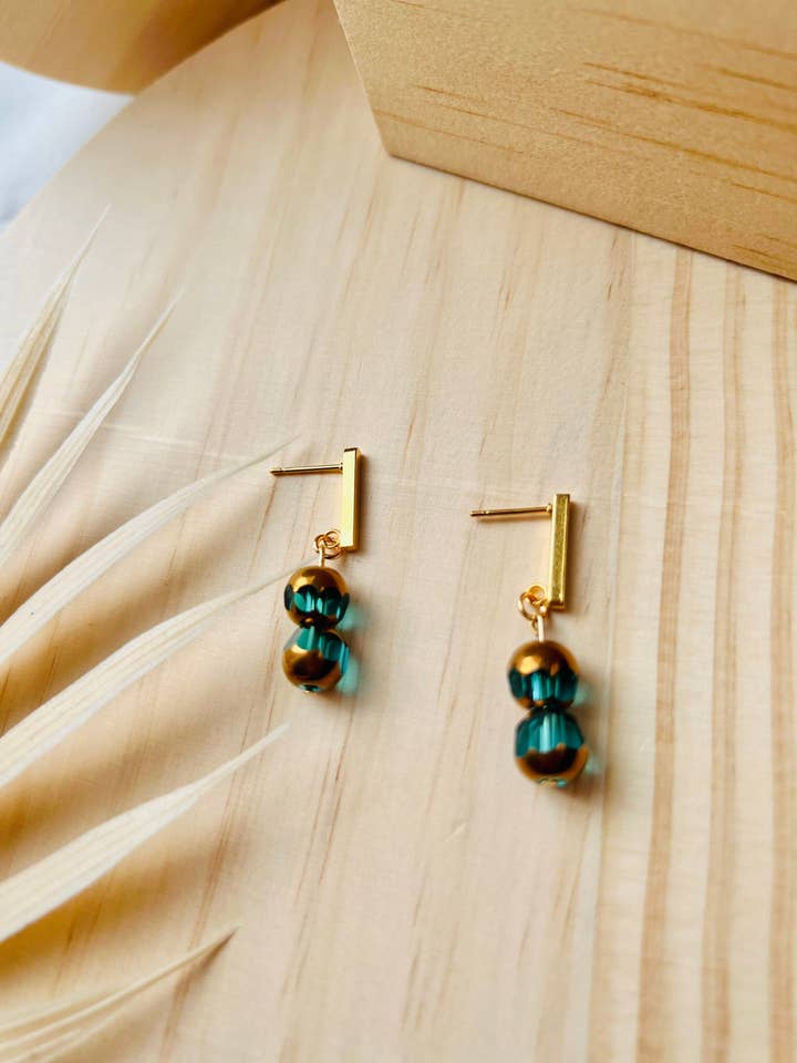 Turquoise Beads & Gold Chain Bar Stud Earrings for wholesale by Lavender Avenue