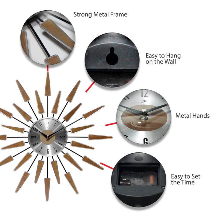 Infinity Instruments - Wholesale Wall Clock - Midcentury/Modern Starburst Walnut Wall Clock 23 Inch