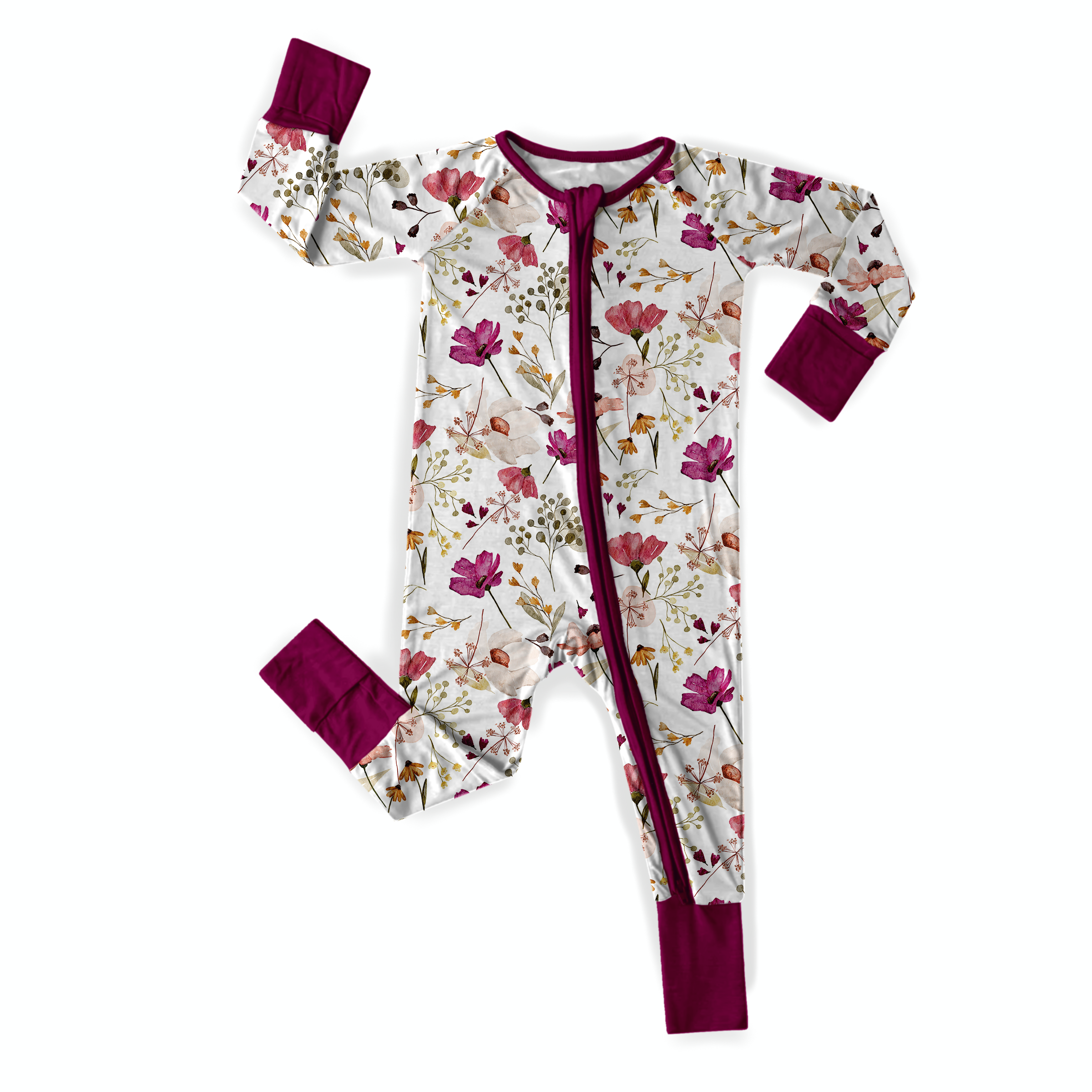 Tiny toes Baby Co - Vente Barboteuse – bébé - Combinaison à fermeture éclair en bambou à fleurs violettes4