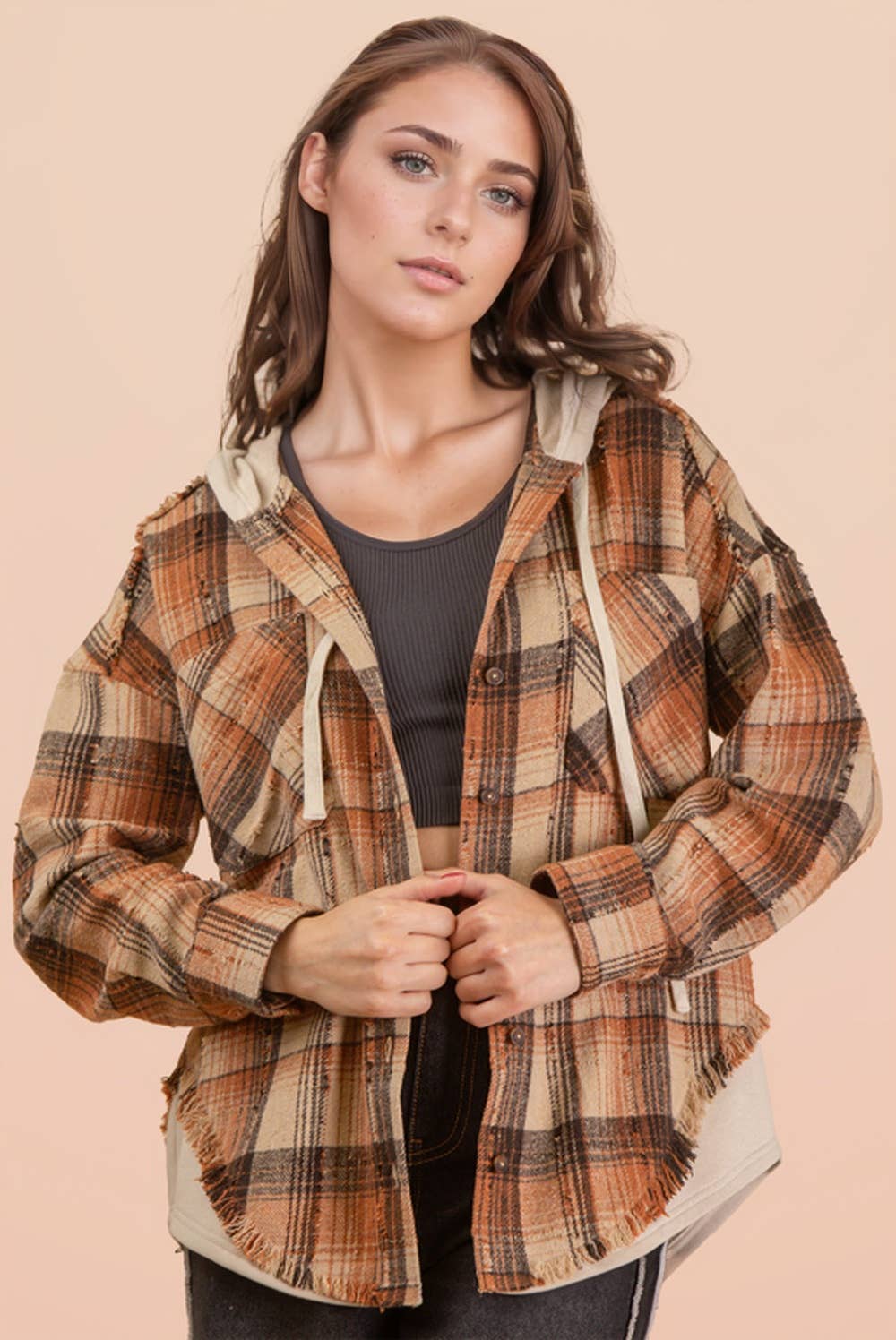 VERY J - Wholesale Jacket - Women's - NT12253-Oversized Flannel Hooded Button Down Jacket0