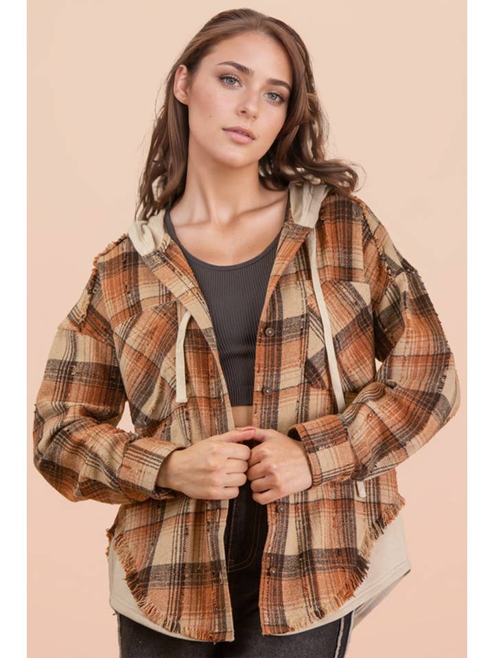 VERY J - Wholesale Jacket - Women's - NT12253-Oversized Flannel Hooded Button Down Jacket