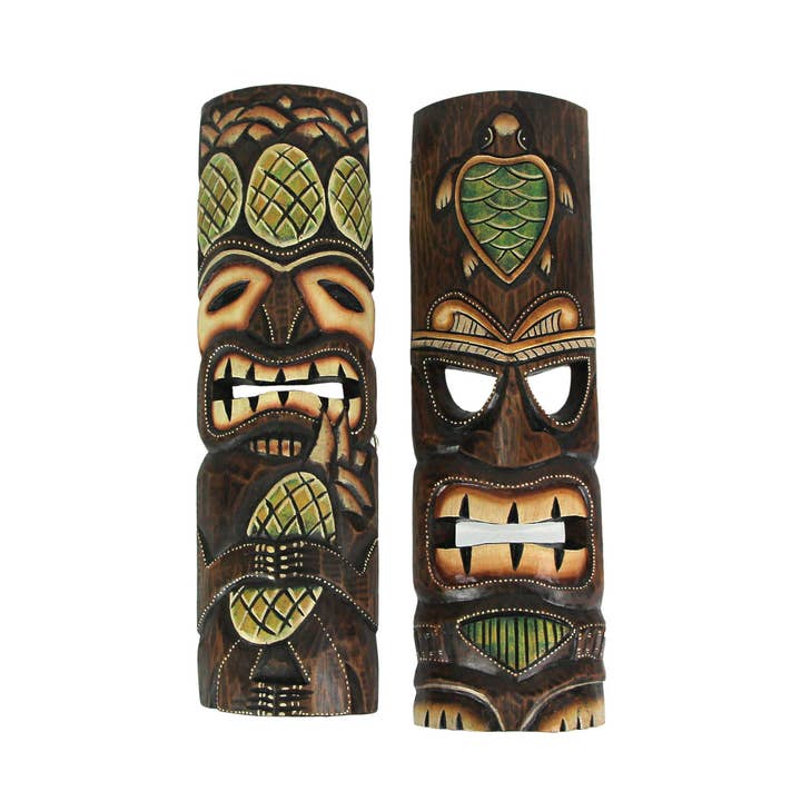 Hand-Crafted Pineapple and Sea Turtle Wood Tiki Wall Masks for wholesale by Zeckos