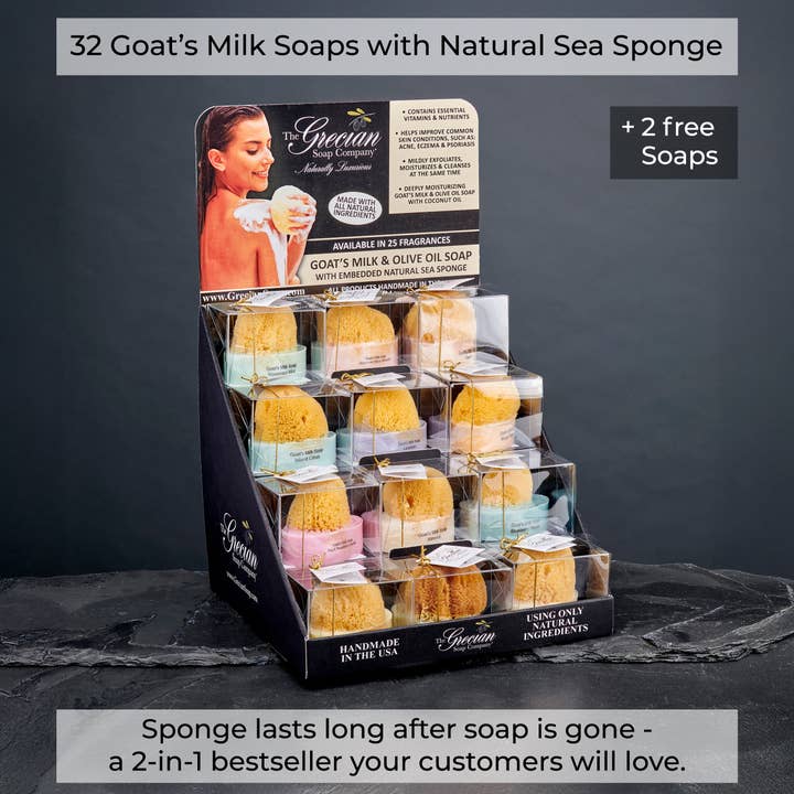 Goat's Milk Soap Cleansing Natural Sea Sponge Display Set for wholesale by The Grecian Soap Company