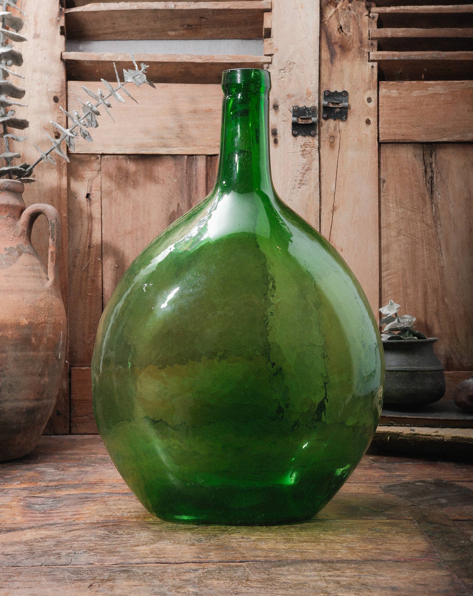 Golden Oldies Antiques - Wholesale Decorative tabletop object - Green Flat Sided Glass Demijohn Bottle0