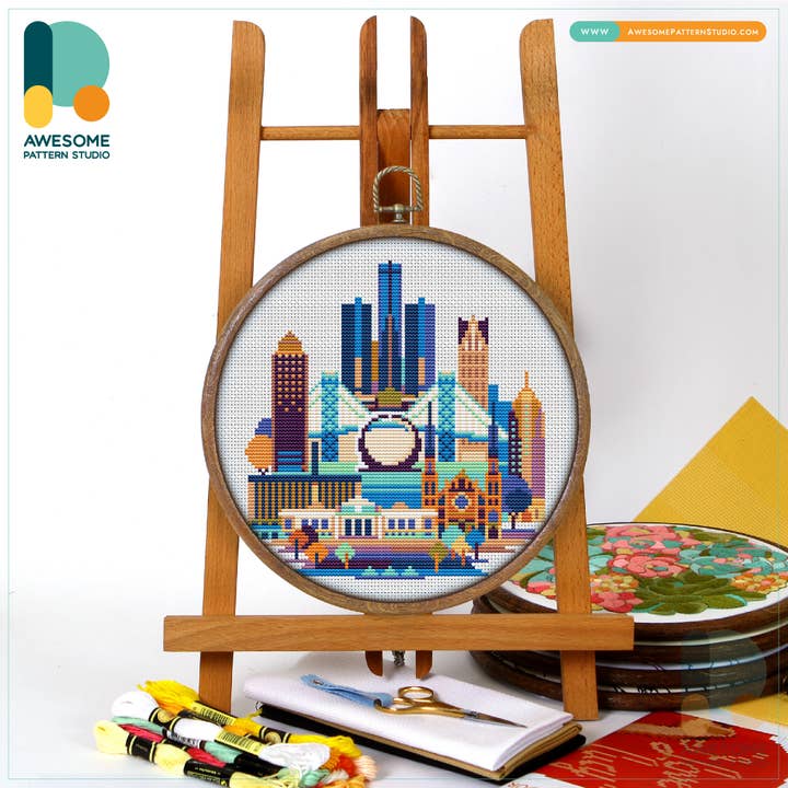 CS102 Detroit Michigan USA, Counted Cross Stitch Kit for wholesale by Awesome Pattern Studio