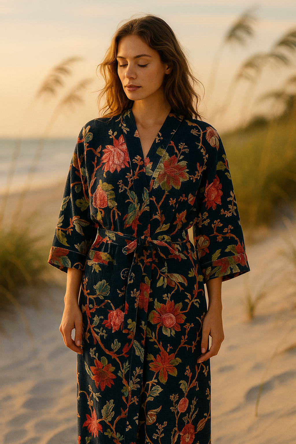 Glamthread - Wholesale Robe - Women's - Midnight Bloom Navy Floral Kimono Robe | Waffle Cotton Loungewear1