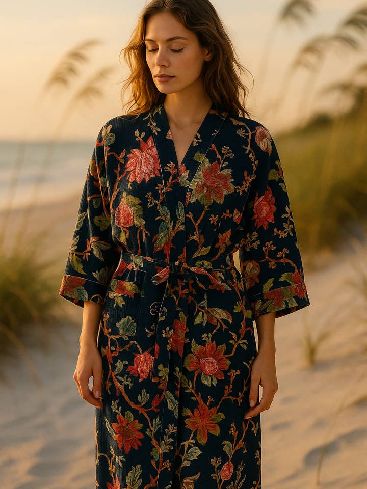 Glamthread - Vente Peignoir – femme - Kimono Peignoir Fleuri Bleu Nuit | Vêtement de Détente en Coton Gaufré1