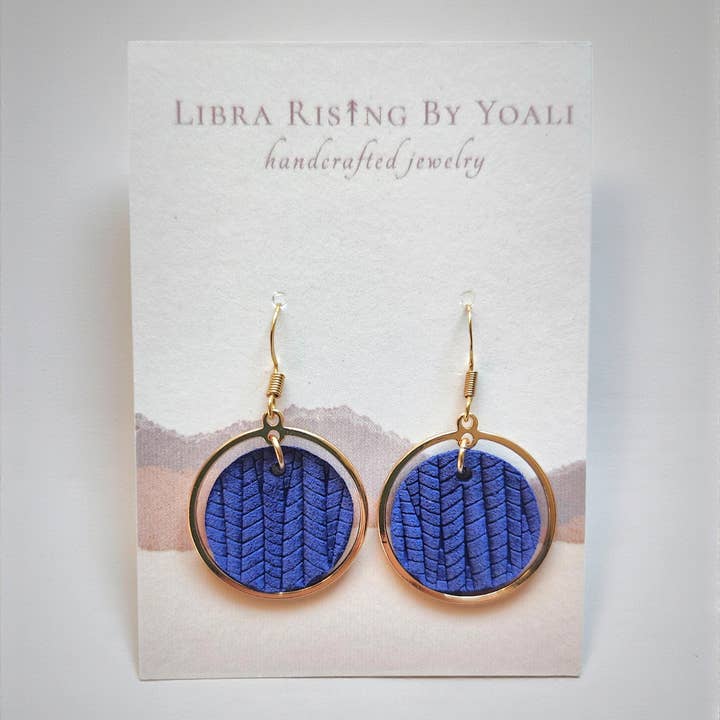 Kelly Circle Dangle Earrings in Royal Blue Leather & Gold for wholesale by Libra Ris↟ng By Yoali