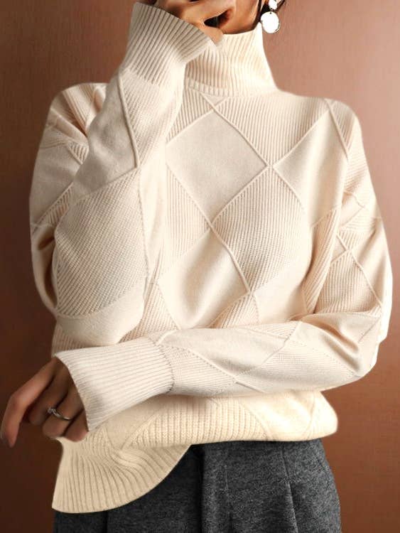 Rosa Clothing - Wholesale Knit Sweater - Women's - Loose-Fitting Checked Turtleneck Knit Sweater
