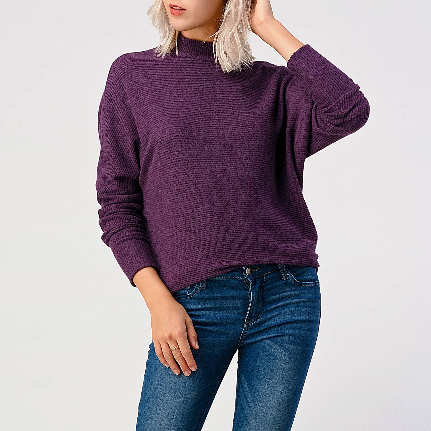 Heimious - Wholesale Knit Top - Women's - Mock Neck Long Dolman Sleeve Ribbed Knit Top, T26175