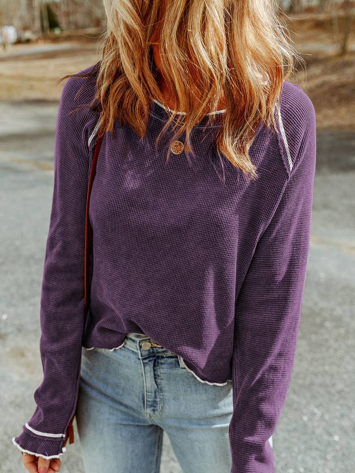 FB Solid Waffle Knit Round Neck Long Sleeve Top for wholesale by FASHION BLVD