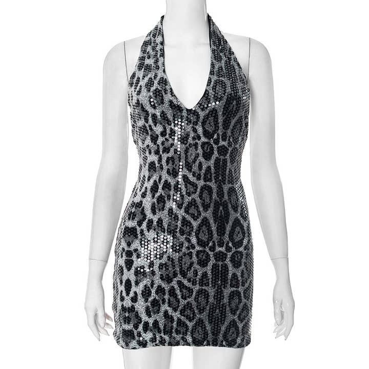 BELLISSIMA FASHION - Wholesale Dress - Women's - Leopard Print Halterneck Backless Bodycon Mini Dress(C)11
