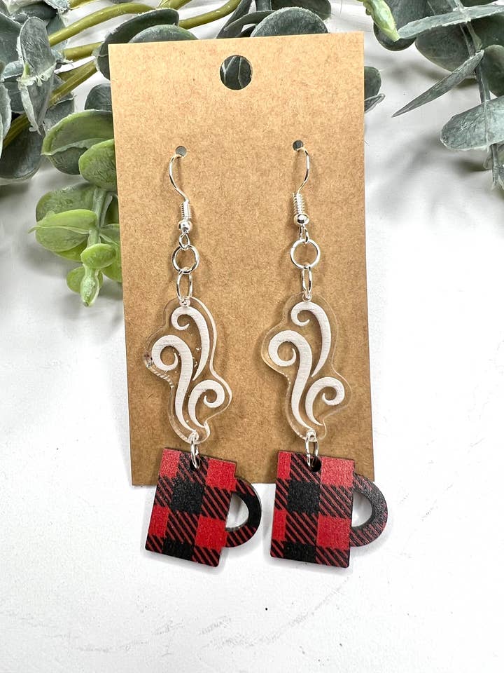 Buffalo Plaid Steaming Coffee Cup Earrings for wholesale by Lindsey Lane Wholesale