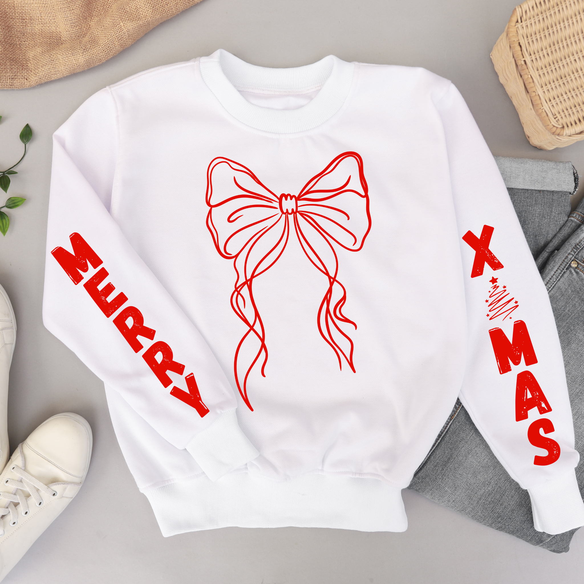 TEELUX - Vente Transfert pour sublimation - (chemise non incluse) MERRY X MAS w BOW, détail des manches ROUGE - Sérigraphie Transfer0