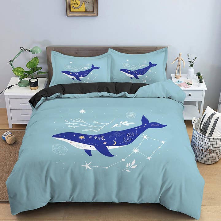 Blue Whale Constellation Boho Bedding, Minimalist Bohemian, Dorm Bedding, Duvet Cover Set, Aesthetic Duvet Cover King Queen Full Twin Single for wholesale by daintyduvet