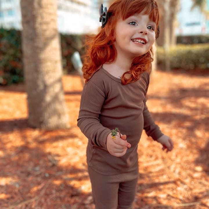 Hot Cocoa (Brown) Ribbed Long Sleeve PJ's BDLJ for wholesale by Jammie Session formerly Big Dreams Little Jammies