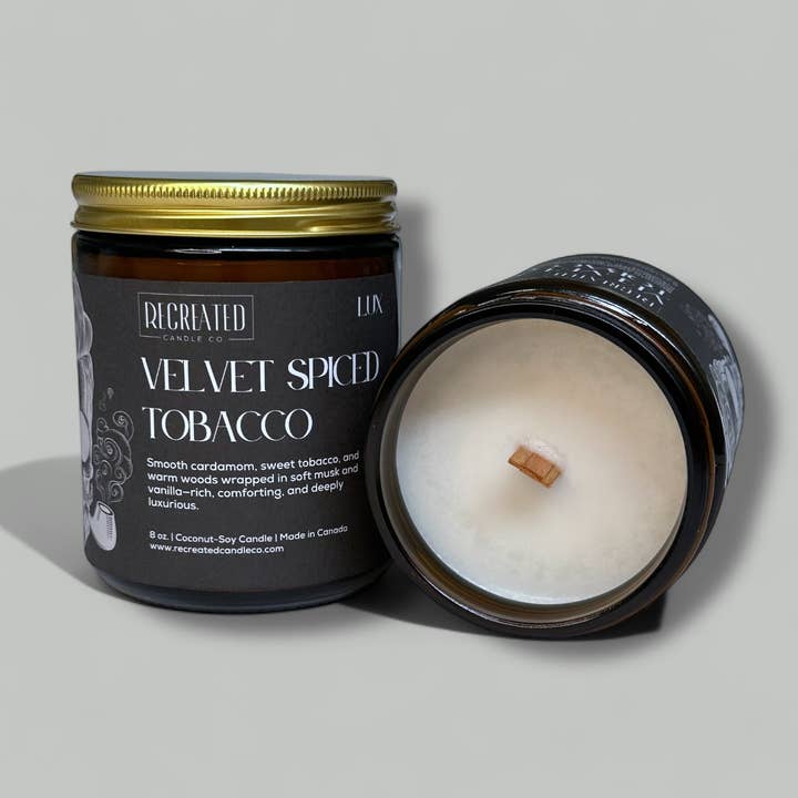 Velvet Spiced Tobacco Candle, Crackling Wood Wick, 8oz for wholesale by Recreated Candle Co.