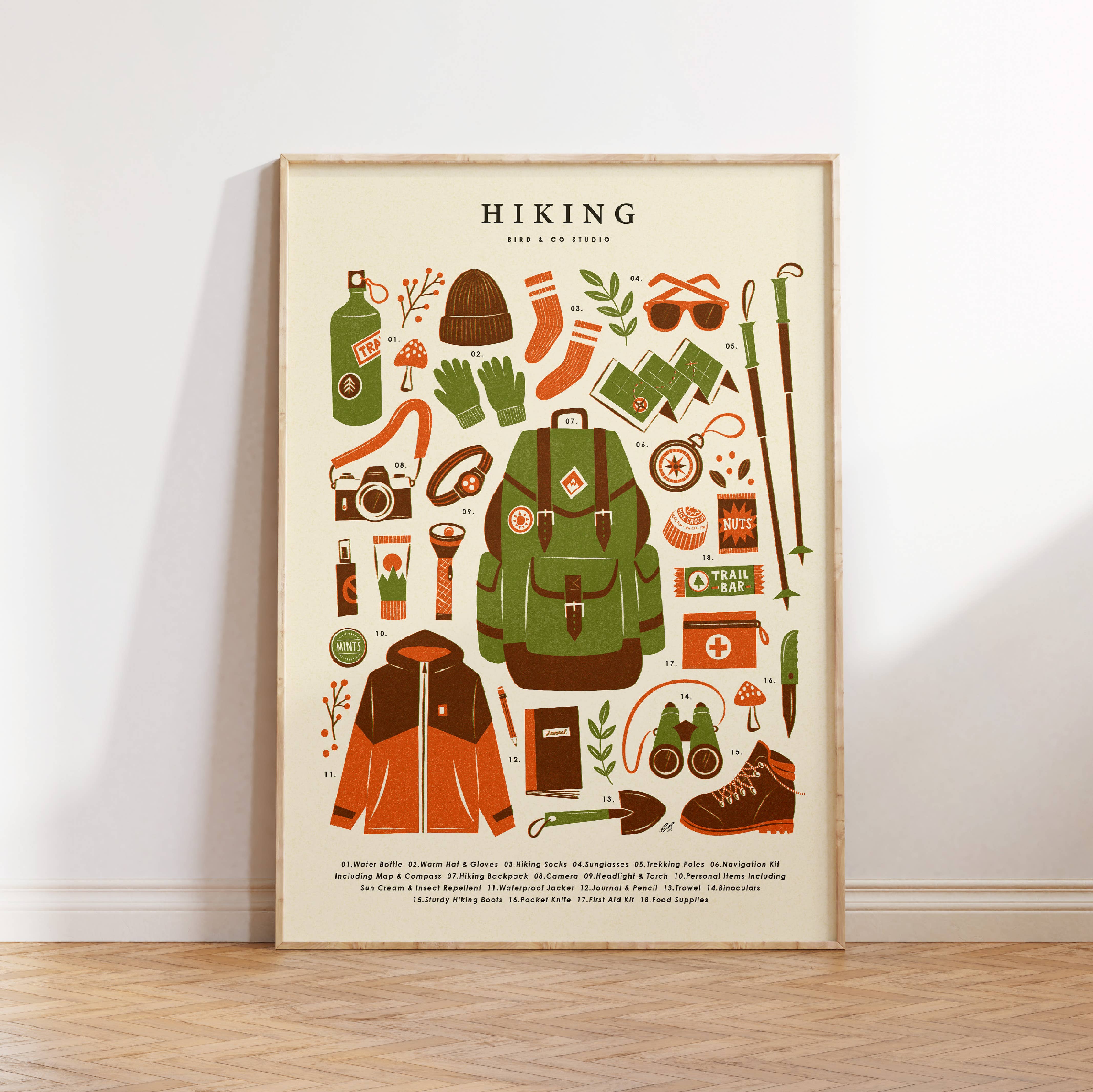 Bird & Co Studio - Wholesale Art print - Hiking Kit Essentials | Retro Adventure Art Print