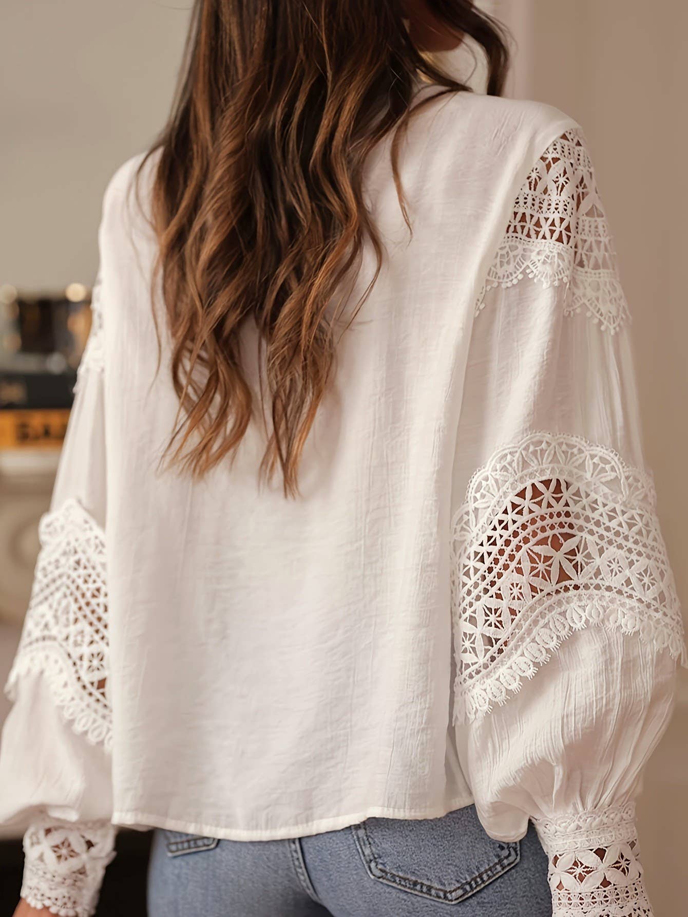 White Lace Eyelet Crochet Flared Sleeve Blouse for wholesale on Faire4