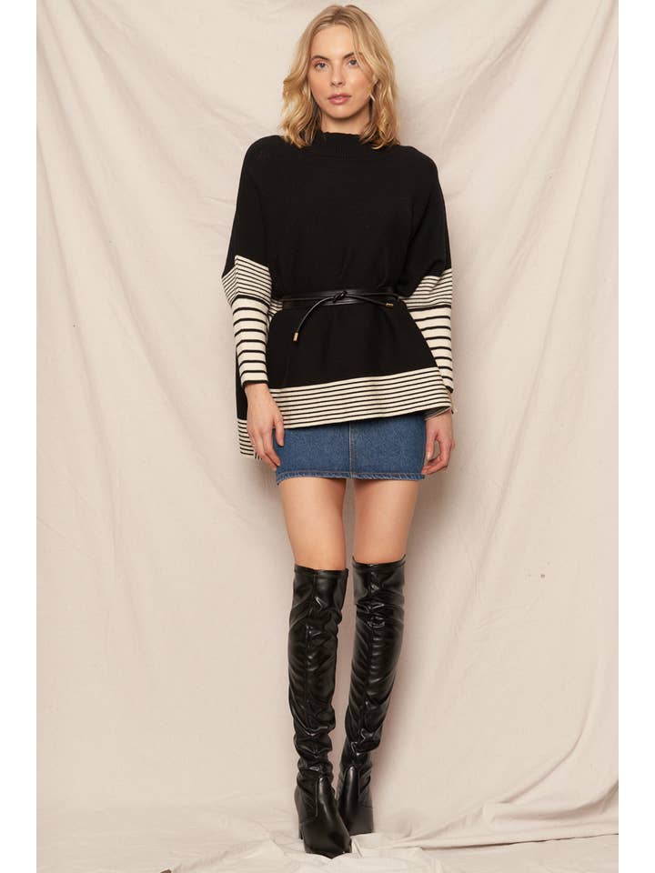Black Oversized Striped Knit Cape Sweater for wholesale on Faire