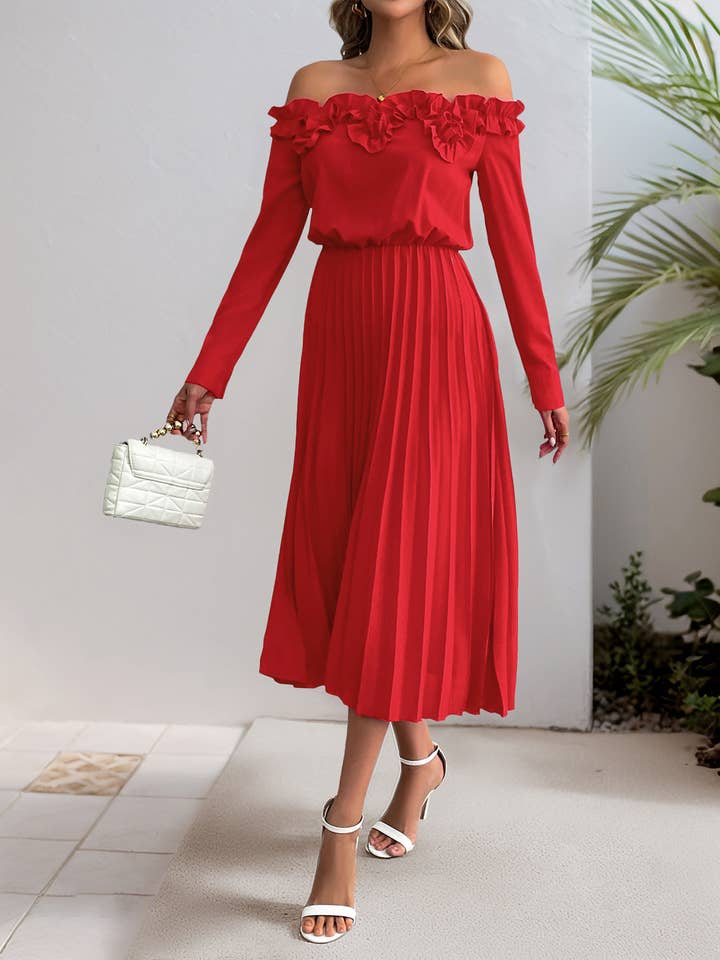 Ruffled Off-Shoulder Pleated Midi Dress for wholesale by Anna Kaci Wholesale