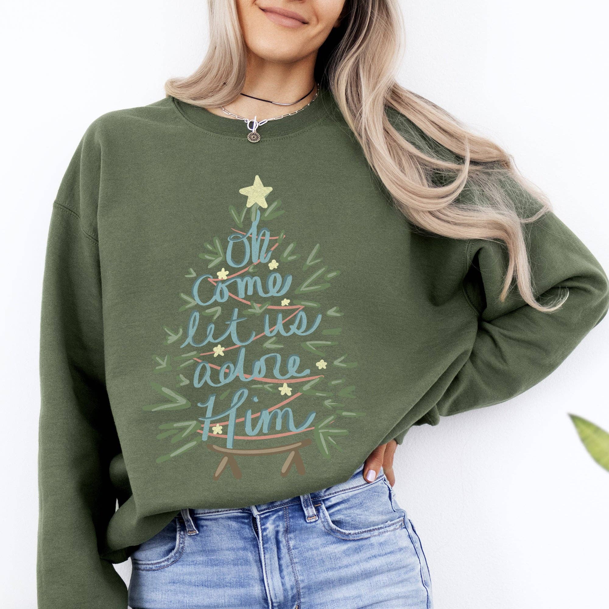 Refinery Number One LLC – Großhandel Sweatshirt mit Grafikdruck – Unisex – Oh komm lass uns ihn verehren, christliches Weihnachts-Sweatshirt5