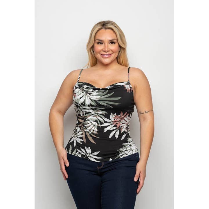 Curve Market – wholesale Linne (Tryckt) - Dam – PLUS STORLEK TROPISKT TRYCK KÅPA HALS MONTERAD TANK TOP