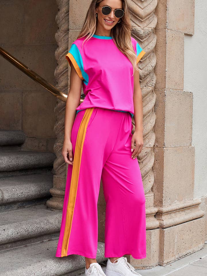 LALA LOO – wholesale Lounge set – Women's – LALALOO Colorblock Short Sleeve Top And Pants Set12