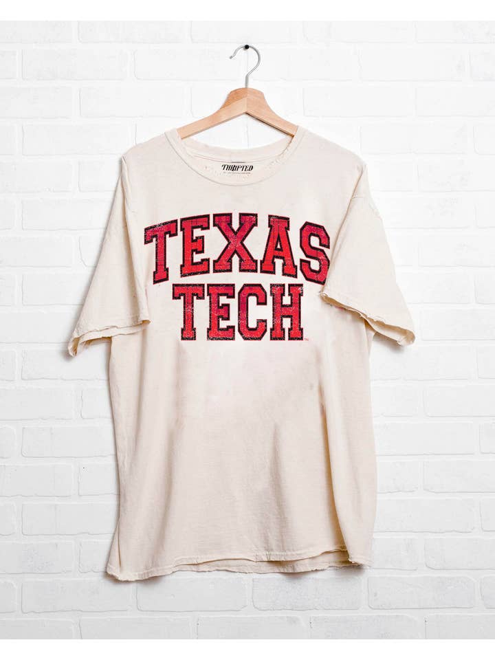 LivyLu - Wholesale Screen Printed T-Shirt - Unisex - Texas Tech Red Raiders Tartan Off White Thrifted Tee