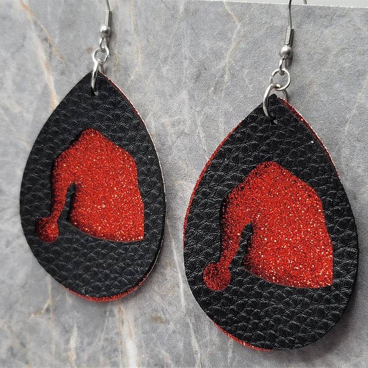 Simply Raevyn - Wholesale Dangle earrings - Red Glitter FAUX Leather Earrings with Santa Hat Cut Out1
