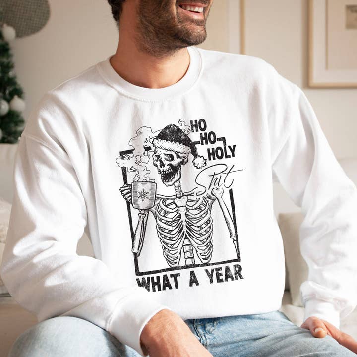 White Ho Ho Holy Shit What A Year Christmas Sweatshirt for wholesale on Faire