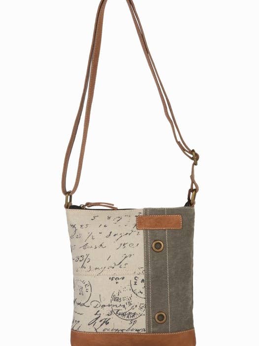 Vintage Script Up-Cycled Canvas Crossbody M-5931 for wholesale by Mona B.