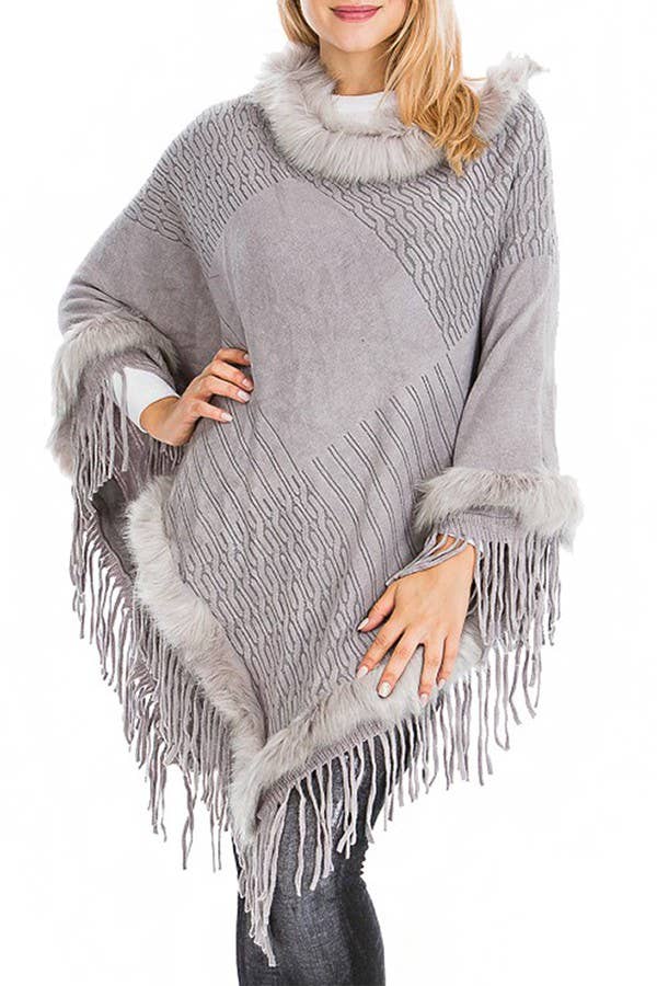 Cap Zone – wholesale Poncho – Women's – Faux Fur Lined Fringe Trim Pullover Poncho10