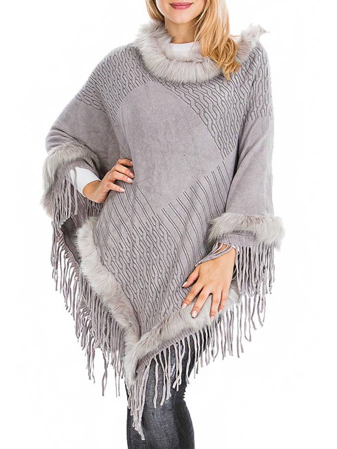 Cap Zone – wholesale Poncho – Women's – Faux Fur Lined Fringe Trim Pullover Poncho10