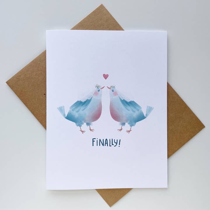 Mrs. & Mrs. Bird "Finally!" LGBTQIA Wedding Card for wholesale by Kendra Lee Miller Art