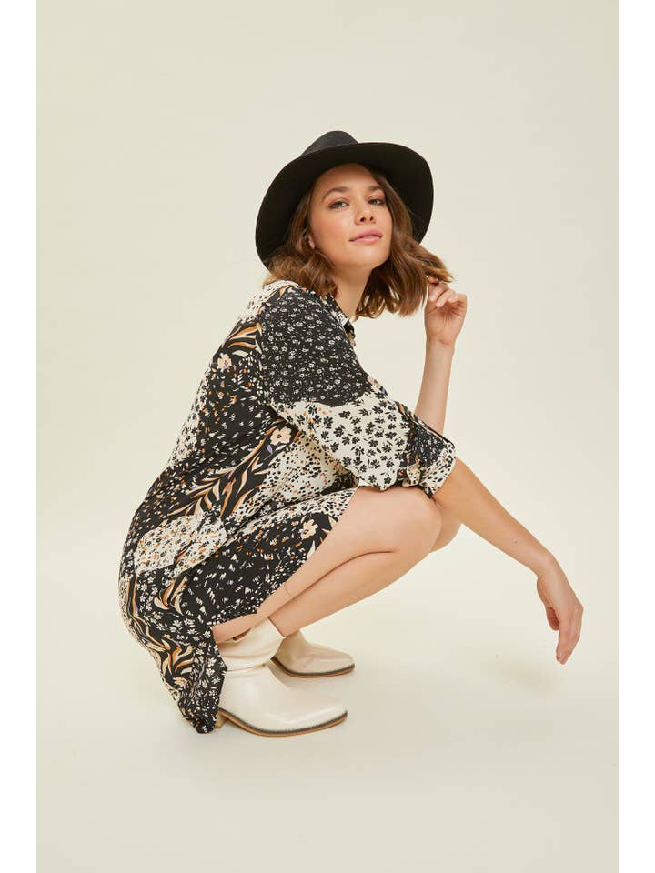 BLACK MULTI ED5271-1 BUTTON DOWN SHIRT DRESS WITH POCKETS for wholesale on Faire