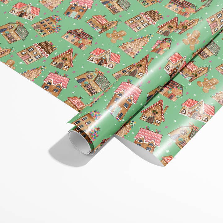 KelseyMDesigns - Vendita all'ingrosso Rotoli di carta da regalo - Carta da regalo natalizia Gingerbread House, rotolo da 3 fogli
