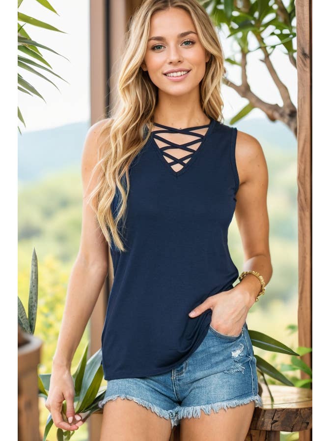 Burgundy Apparel - Wholesale Tank Top - Women's - CHEST CRISS CROSS SLEEVELESS TANK TOP