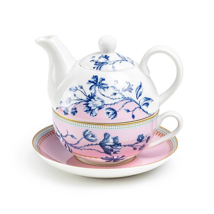Grace Teaware - Wholesale Tea Set - Blue Blossom Pink Fine Porcelain Tea For One Set2