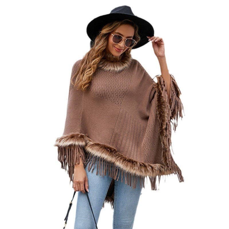 OceanusSwim - Vendita all'ingrosso Poncho - Donna - Mantella con Frange Lavorata a Maglia Donna Colore Solido Poncho Ampio Cappotto2