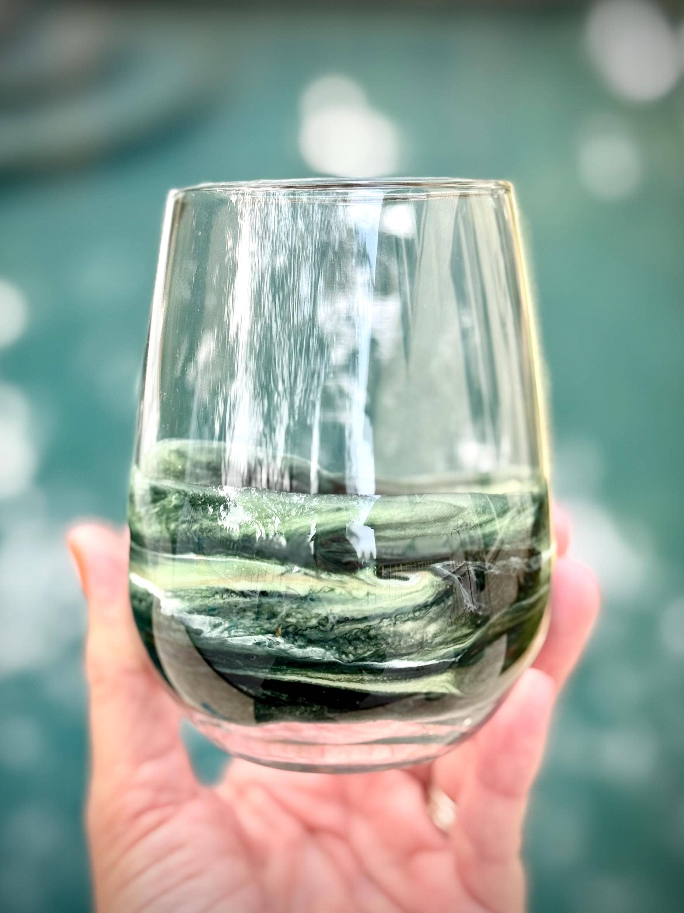 Artful Nests - Wholesale Wine Glass - Stemless Wine Glass - Holiday Green Glassware - Gift for Host Wine2