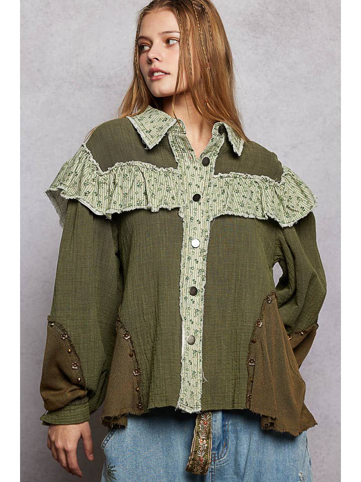 Pol Clothing - Wholesale Buttoned-down shirt – Women's - Balloon sleeve double gauze printed floral stud shirt SALE24