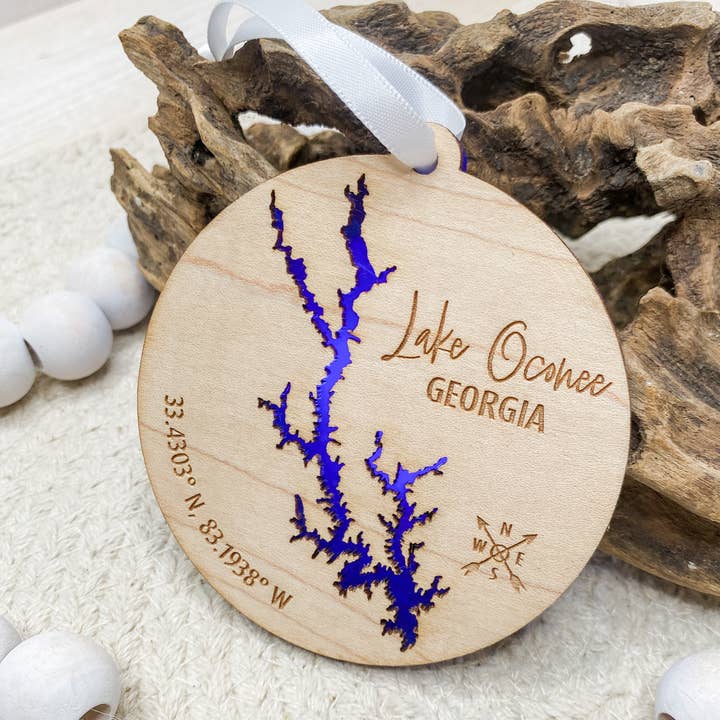 CUSTOM Lake Cutout Ornament with Blue Acrylic for wholesale by The Cottonseed Marketplace
