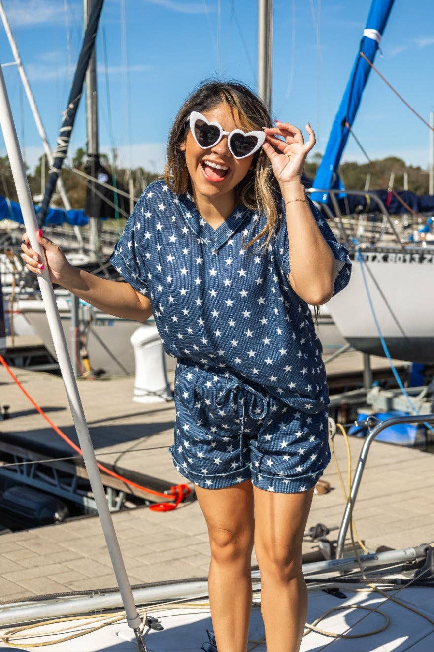 Bleu Le haut en tricot gaufré Lucy Navy Stars en vente sur Faire6