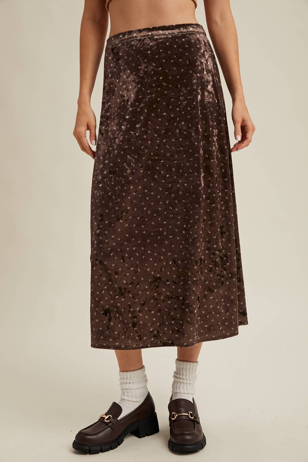 BROWN VELVET DITSY FLORAL MIDI SKIRT / WL25-11136 for wholesale on Faire0