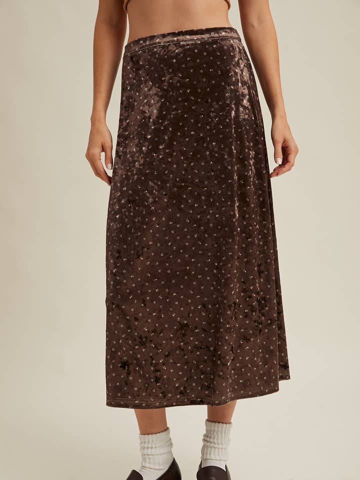 VELVET DITSY FLORAL MIDI SKIRT / WL25-11136 for wholesale by Wishlist Apparel