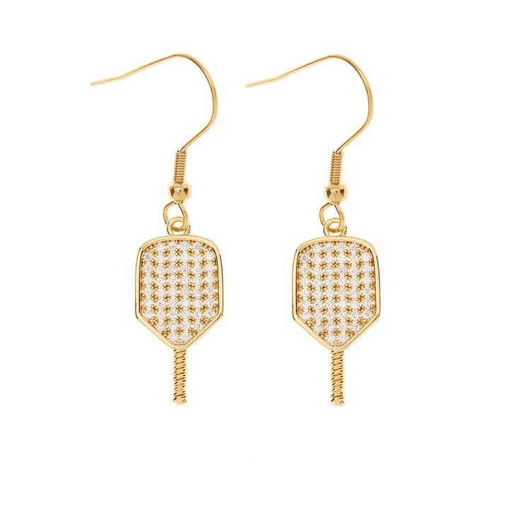 Pickleball Paddle Cz Dangle Earrings - 18k Gold Plated for wholesale by Born to Rally