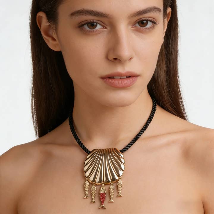 Svart Flätat Snöre Halsband Och Gyllene Snäcka Med Berlock för wholesale av IngrossoZagatto by INCI SRL