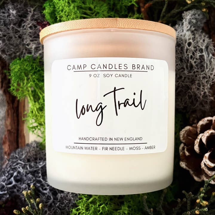 Long Trail Soy Candle- Hiker Inspired, New England Woods for wholesale by Camp Candles