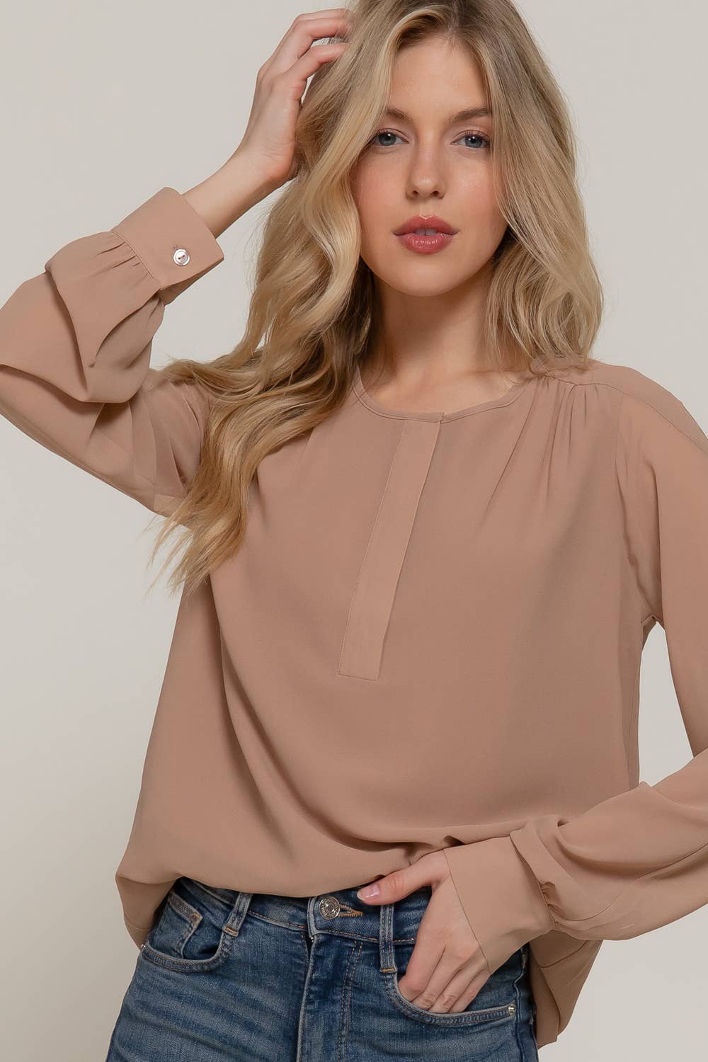 Active Basic | Active USA - Wholesale Blouse - Women's - Long Sleeve Round Neck with Hidden Placket Chiffon Blouse10